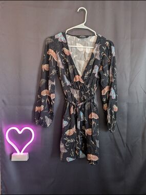 Disturbia Black Long Sleeve Wrap Dress with Pink and Blue Moth Print Goth chic